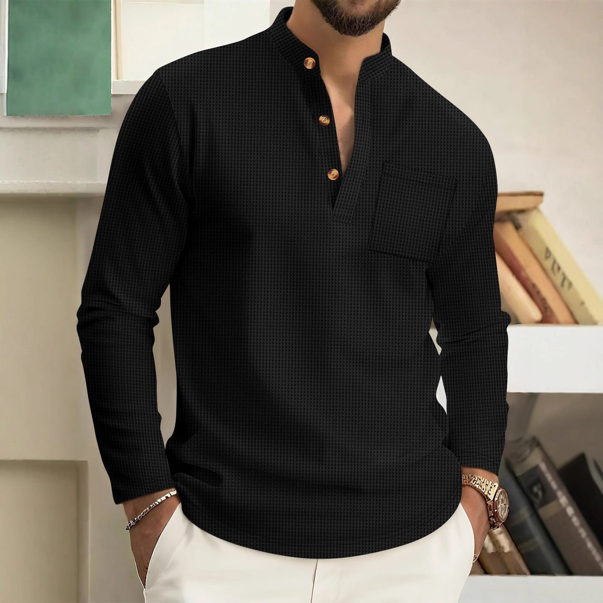 Men's Casual Linen Shirt | Officer Collar & Chest Pocket