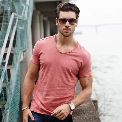 Men's Casual Organic Blend T-Shirt | V-Neck & Ribbed Knit