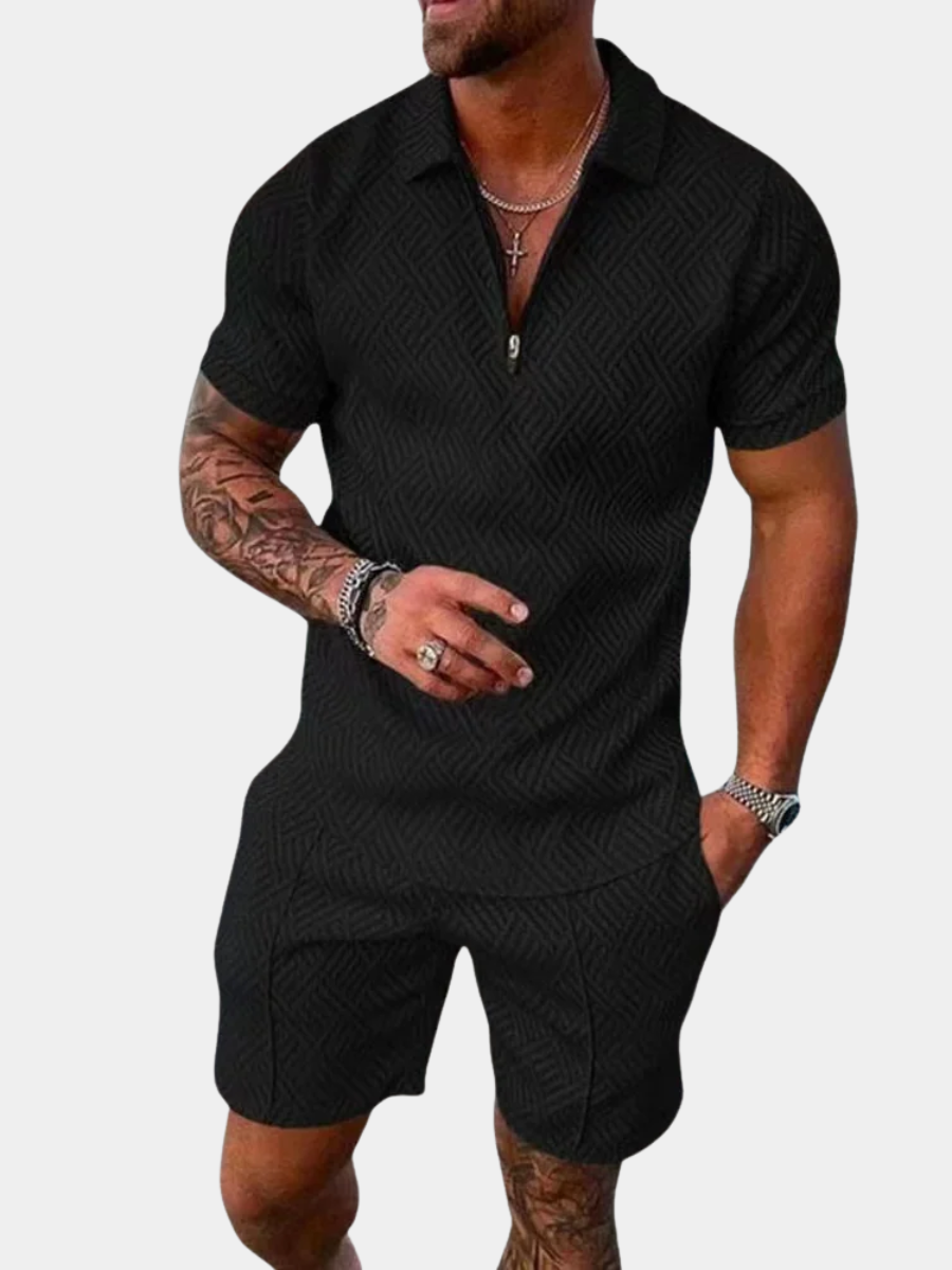 Men's Casual Blend Polo Set | Zip Placket & Shorts