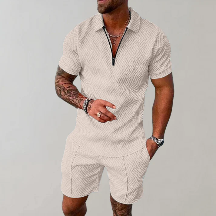 Men's Casual Blend Polo Set | Zip Placket & Shorts