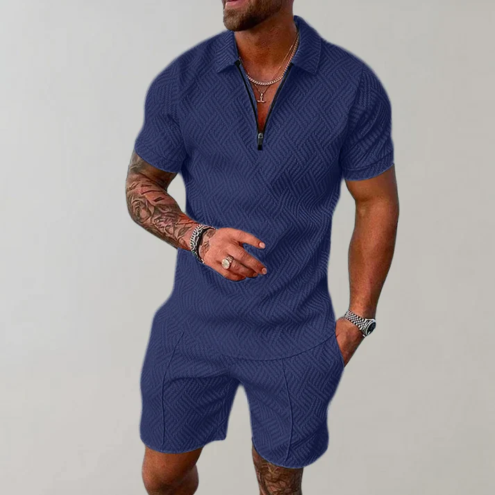 Men's Casual Blend Polo Set | Zip Placket & Shorts