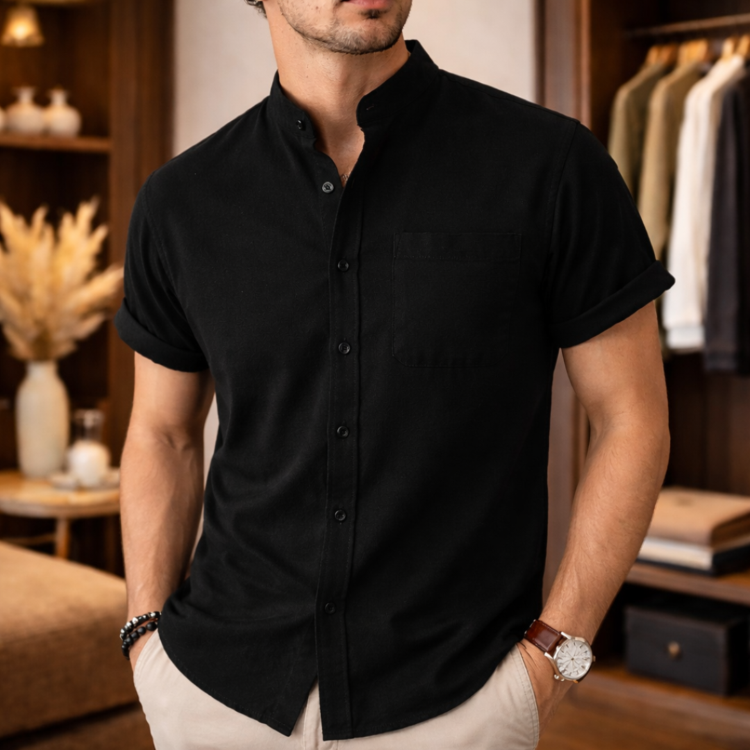 Men's Casual Blend Shirt | Band Collar & Chest Pocket