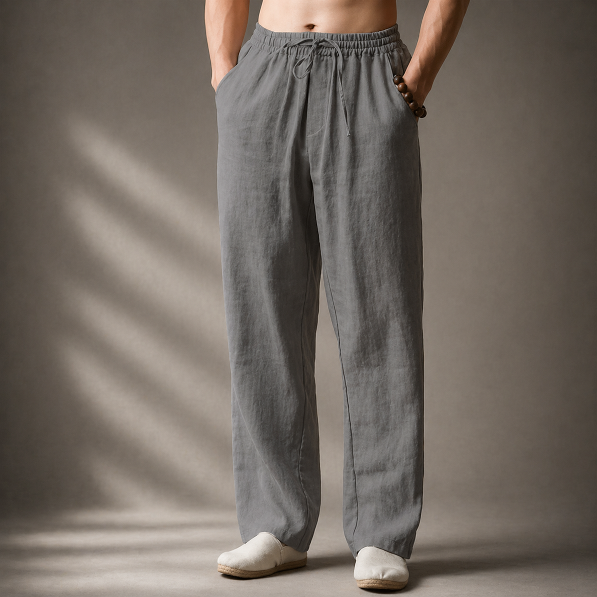 Men's Casual Polyester Pants | Drawstring Waist & Side Pockets