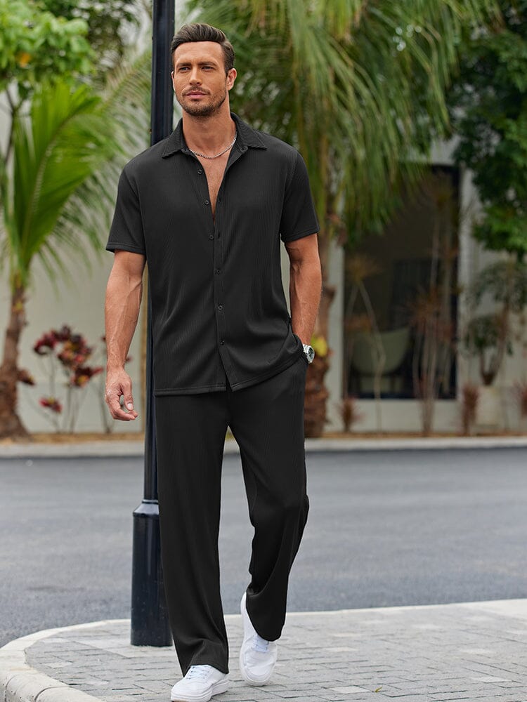 Men's Casual Polyester Shirt Set | Button Front & Drawstring Pants