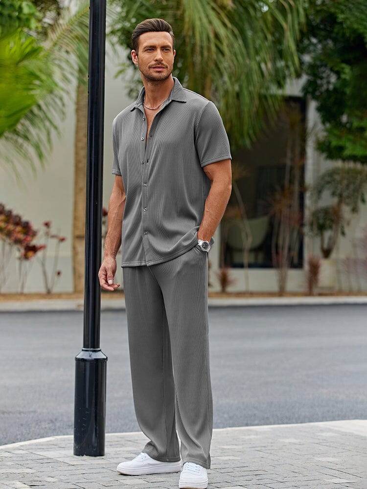 Men's Casual Polyester Shirt Set | Button Front & Drawstring Pants
