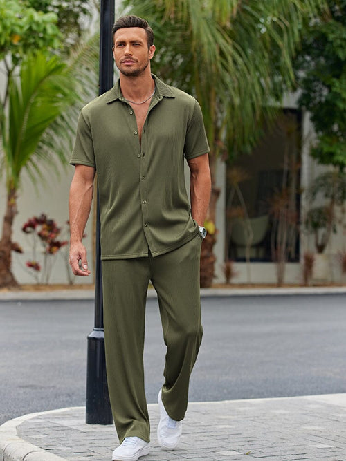 Men's Casual Polyester Shirt Set | Button Front & Drawstring Pants