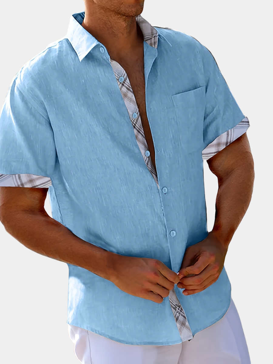 Men's Casual Polyester Shirt | Lapel Collar & Plaid Trim