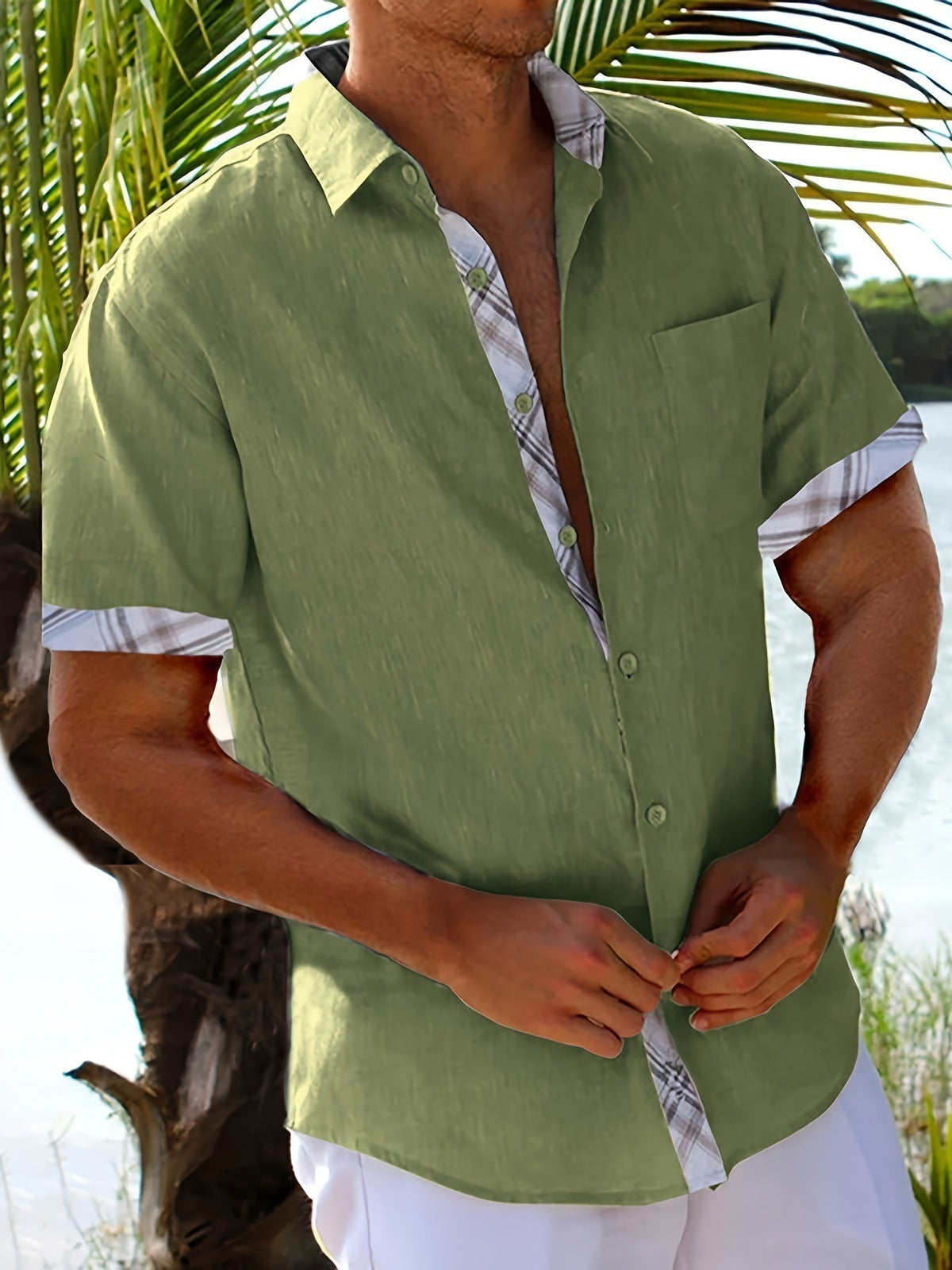 Men's Casual Polyester Shirt | Lapel Collar & Plaid Trim