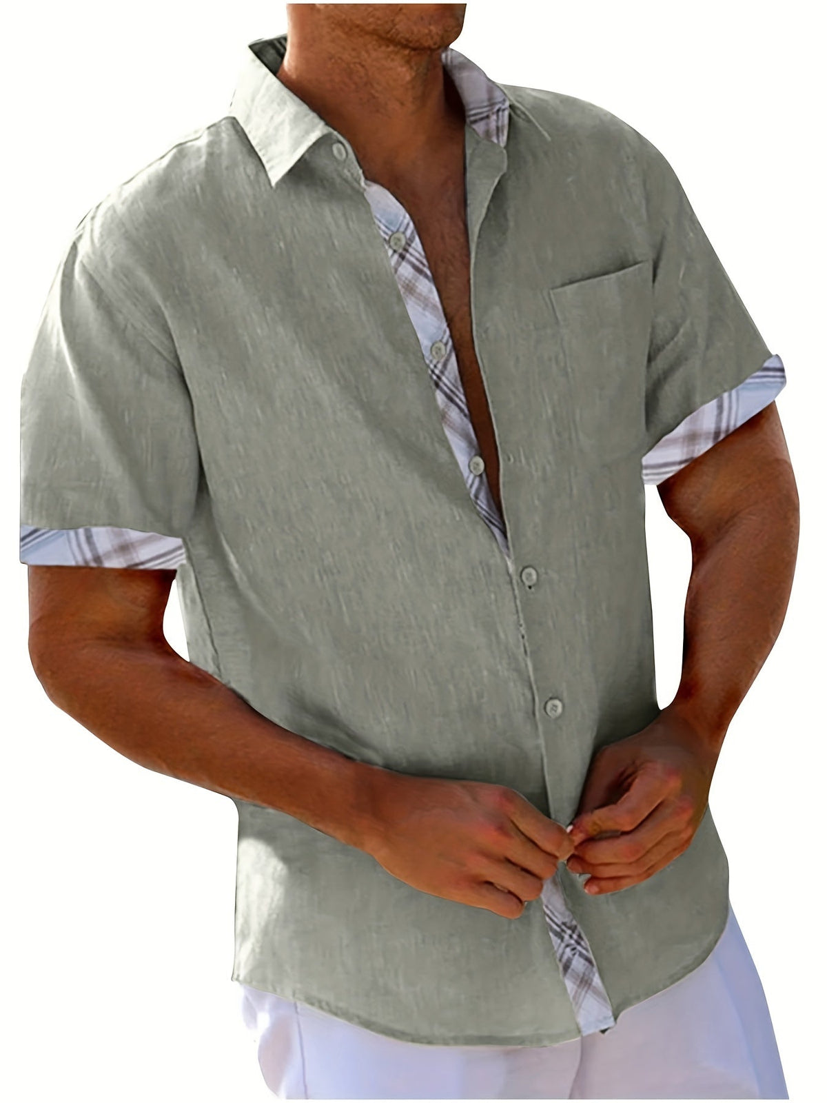 Men's Casual Polyester Shirt | Lapel Collar & Plaid Trim