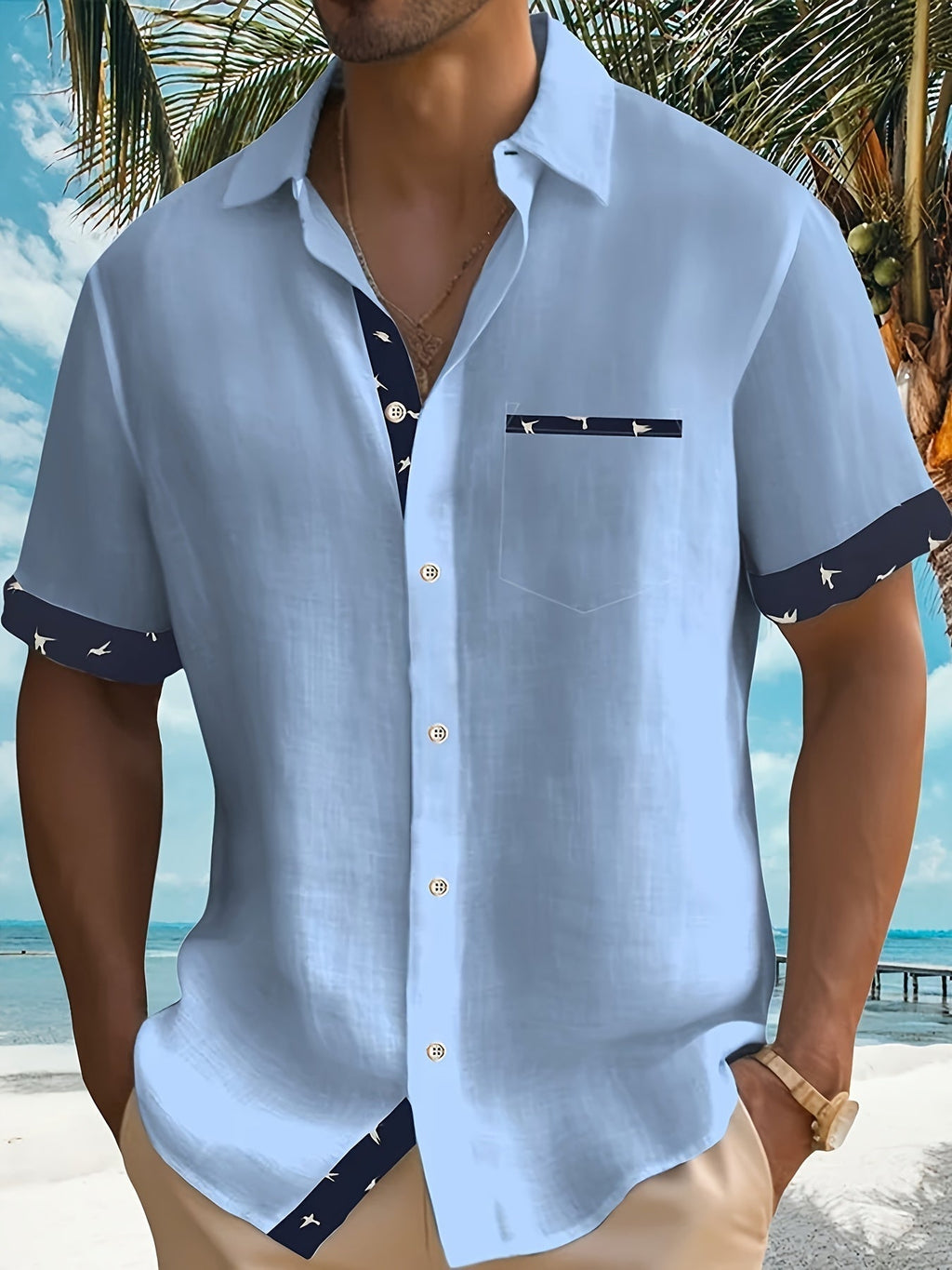 Men's Casual Polyester Shirt | Lapel Collar & Trim Cuffs