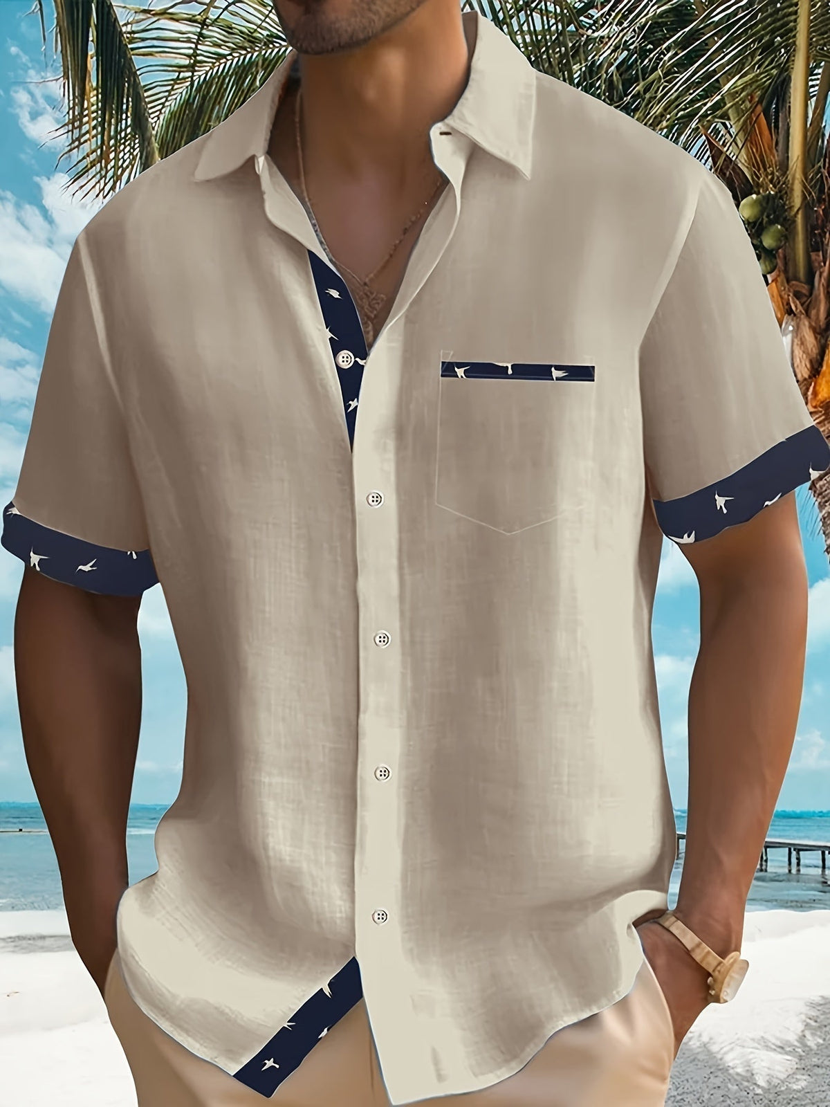 Men's Casual Polyester Shirt | Lapel Collar & Trim Cuffs