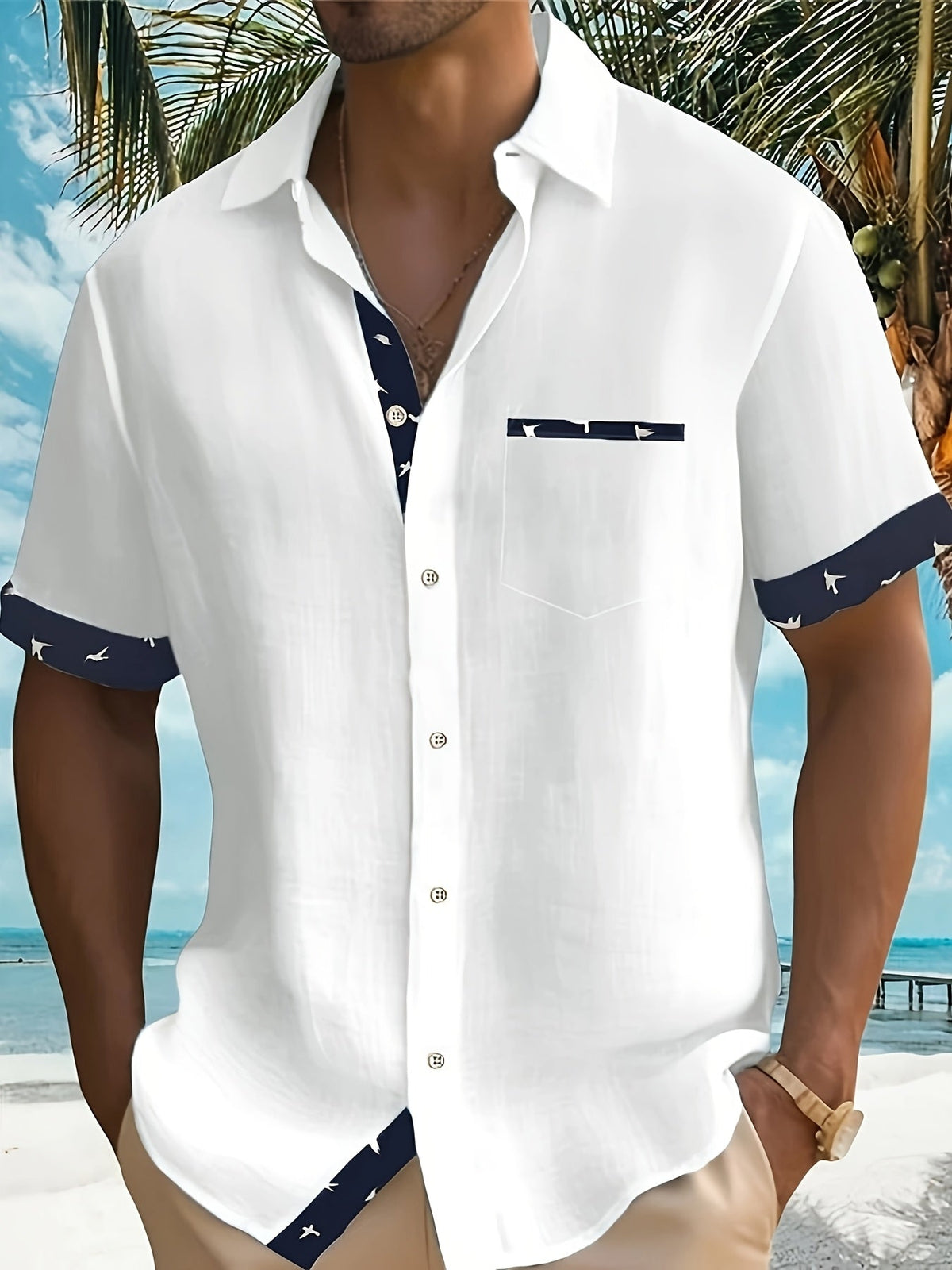 Men's Casual Polyester Shirt | Lapel Collar & Trim Cuffs