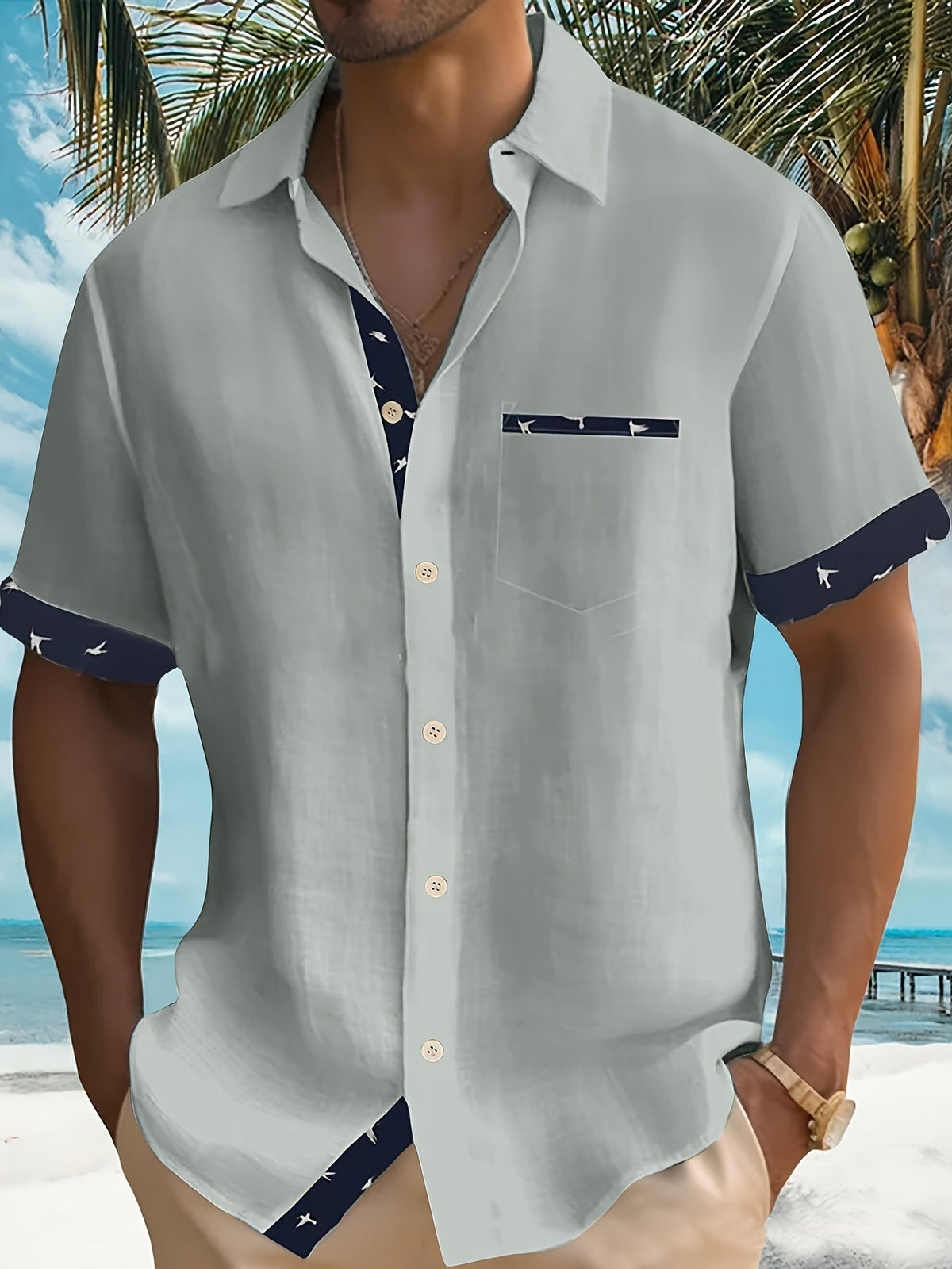 Men's Casual Polyester Shirt | Lapel Collar & Trim Cuffs