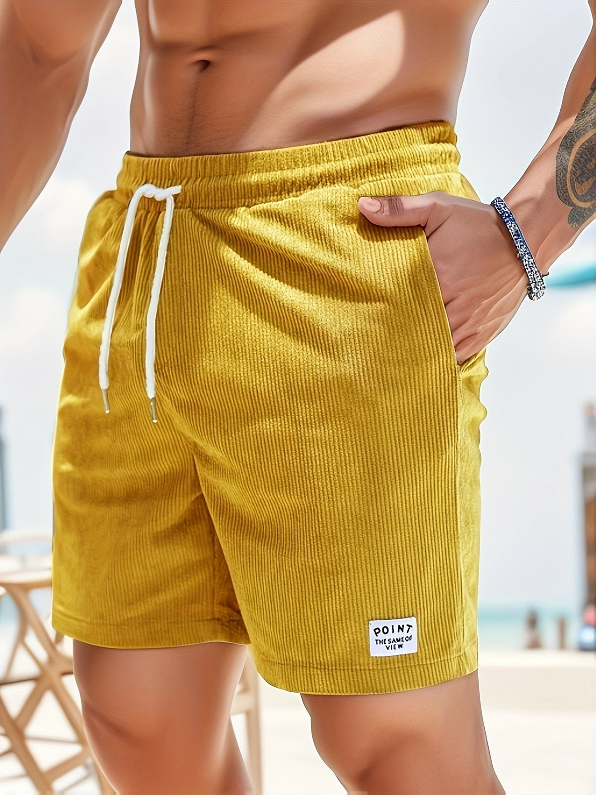 Men's Casual Polyester Shorts | Drawstring Waist & Ribbed Pattern