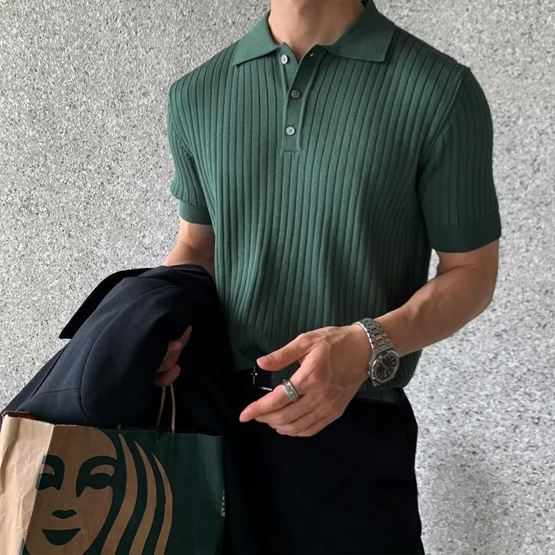 Men's Casual Rib Knit Polo Shirt | Button Placket & Collar