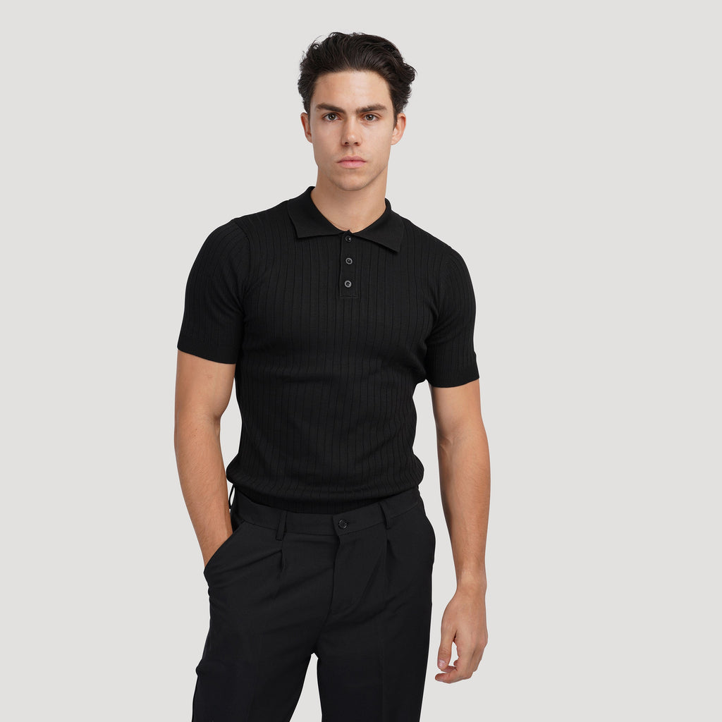 Men's Casual Rib Knit Polo Shirt | Button Placket & Collar