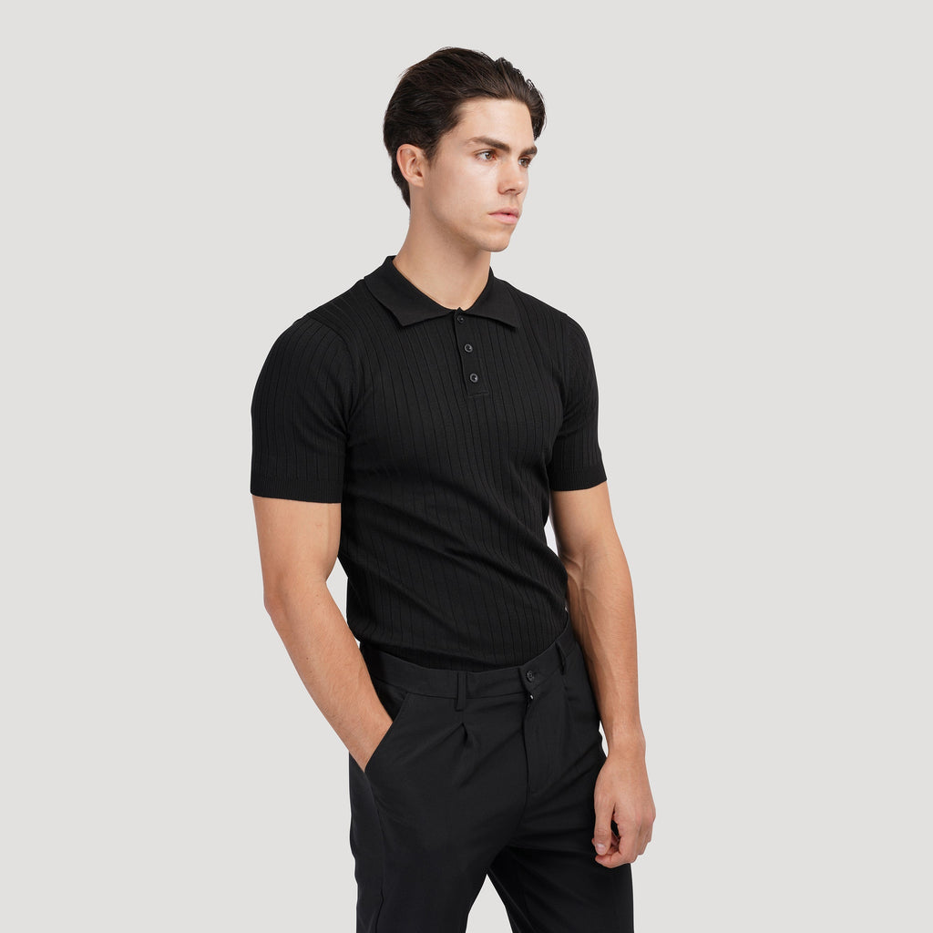 Men's Casual Rib Knit Polo Shirt | Button Placket & Collar