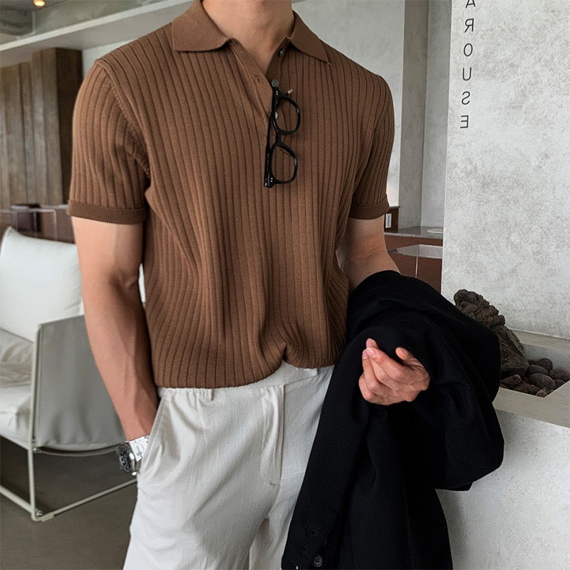 Men's Casual Rib Knit Polo Shirt | Button Placket & Collar