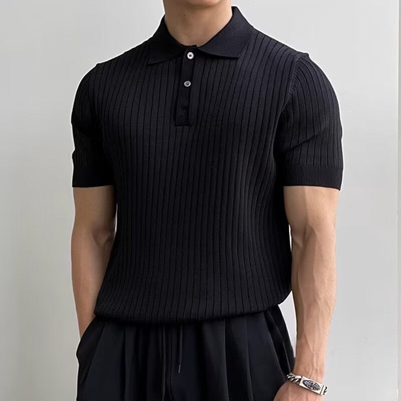 Men's Casual Rib Knit Polo Shirt | Button Placket & Collar
