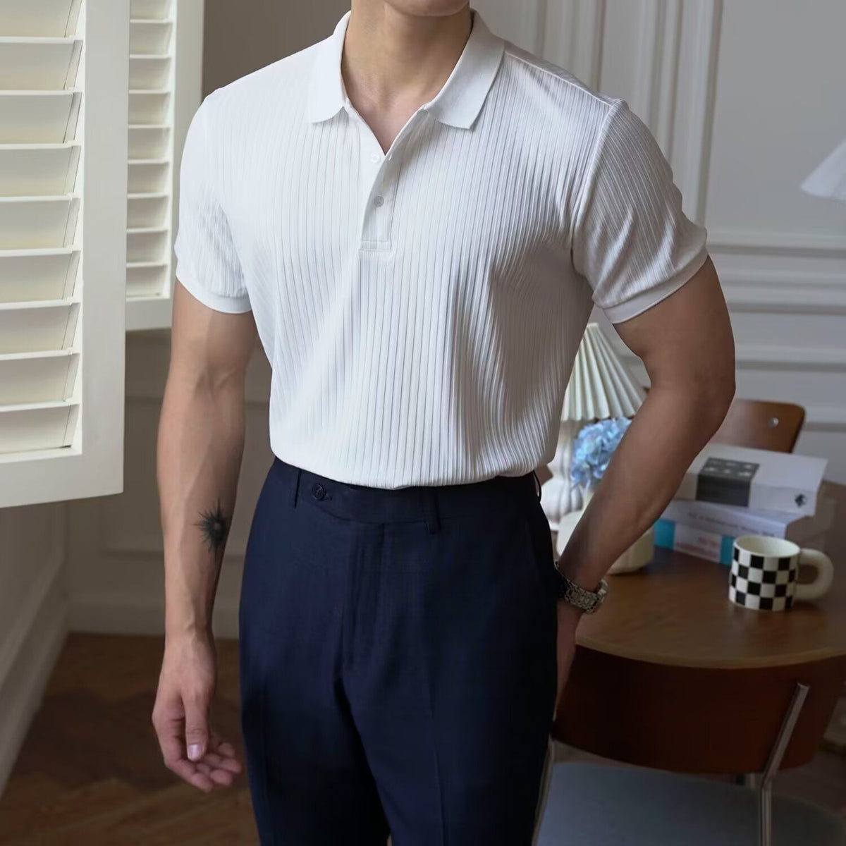 Men's Casual Rib Knit Polo Shirt | Button Placket & Collar