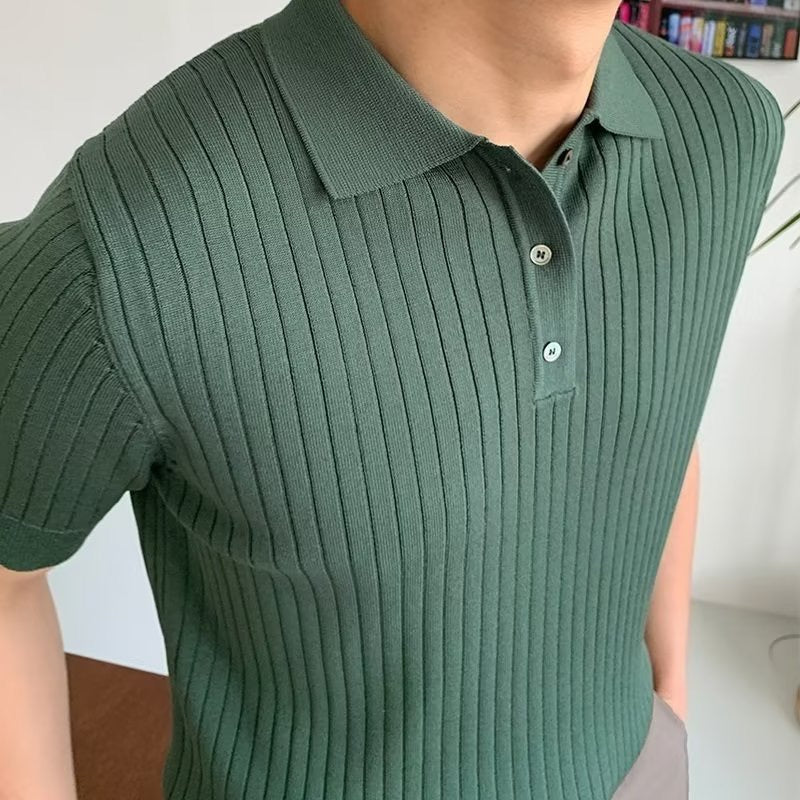 Men's Casual Rib Knit Polo Shirt | Button Placket & Collar