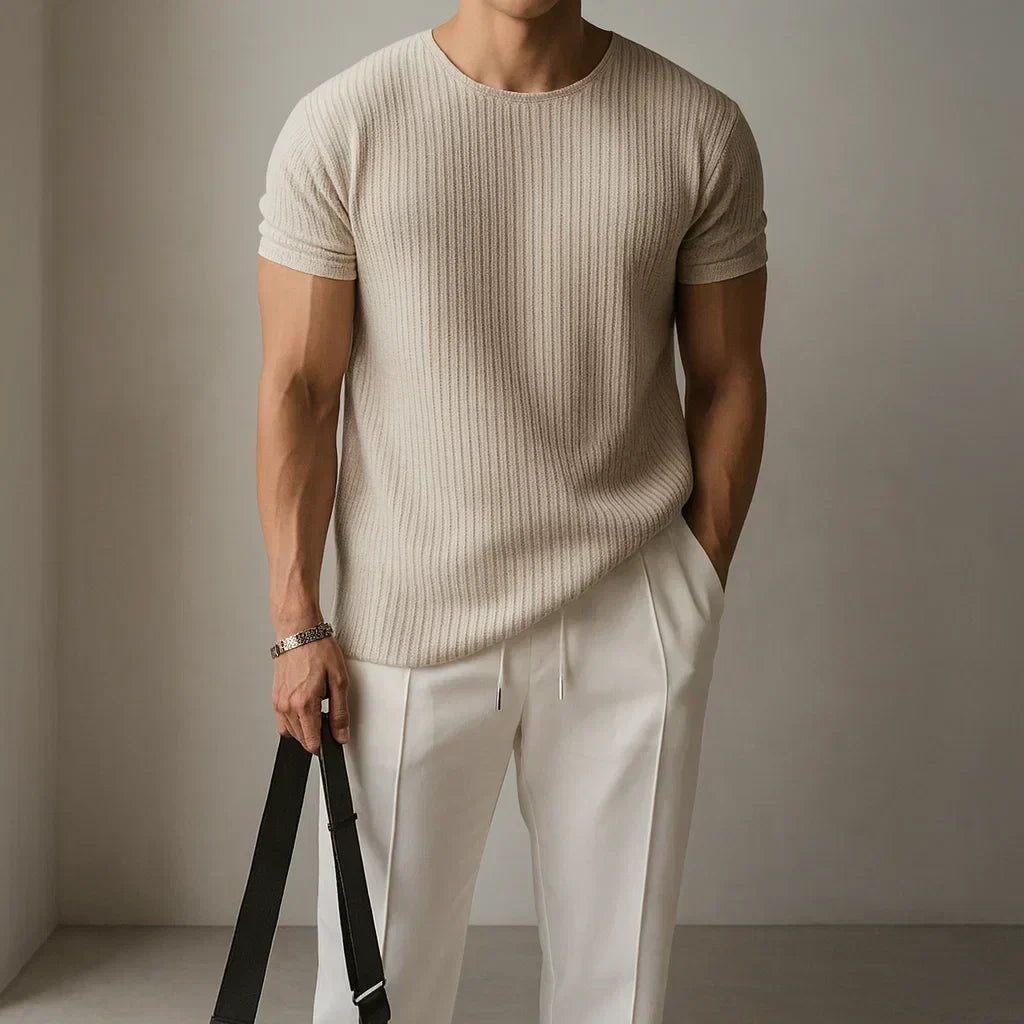Men's Casual Rib-knit T-Shirt | Crew Neck & Cuffed Sleeves