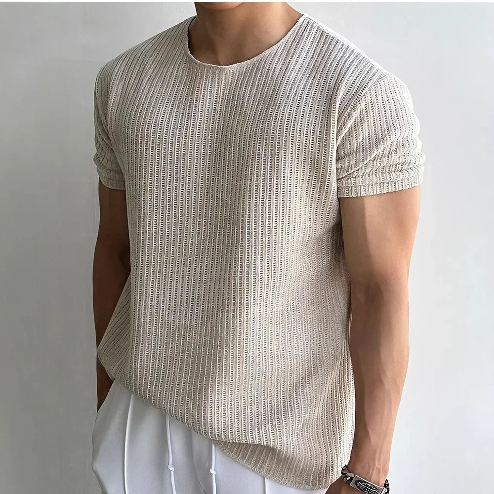 Men's Casual Rib-knit T-Shirt | Crew Neck & Cuffed Sleeves