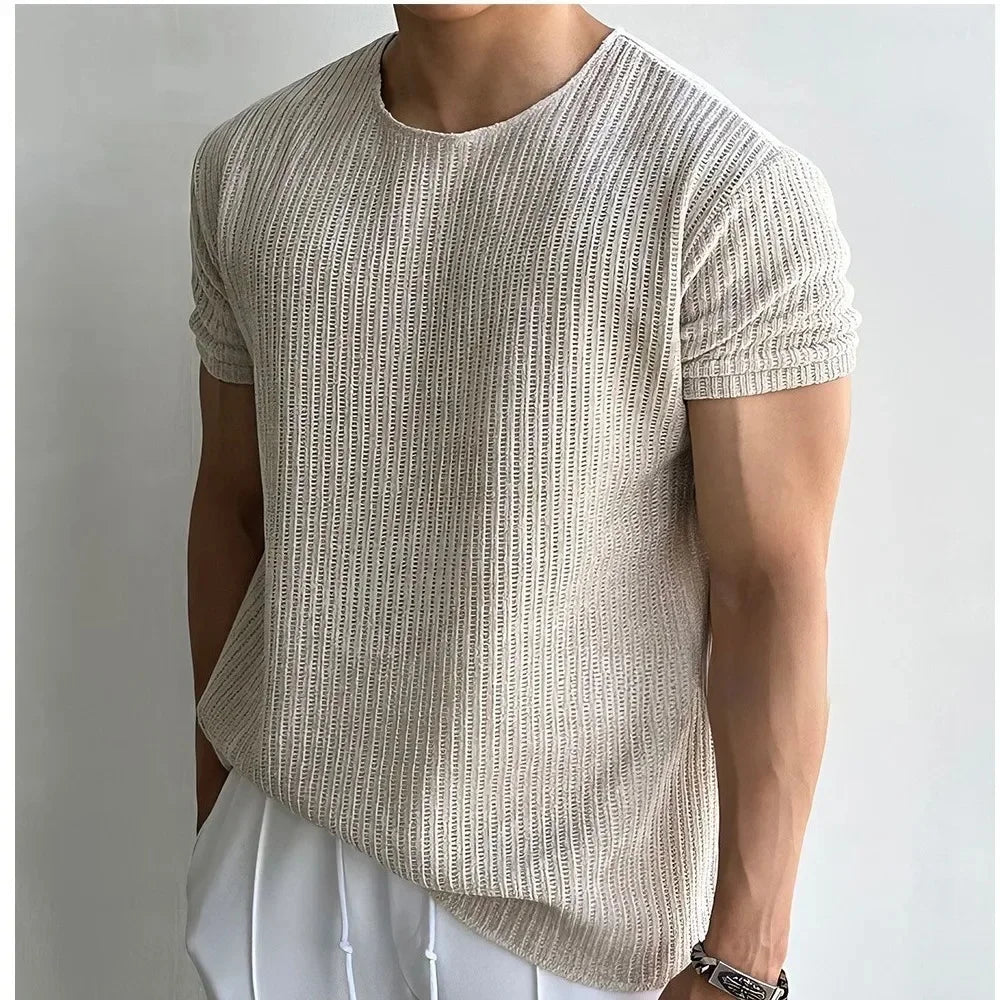 Men's Casual Rib-knit T-Shirt | Crew Neck & Cuffed Sleeves