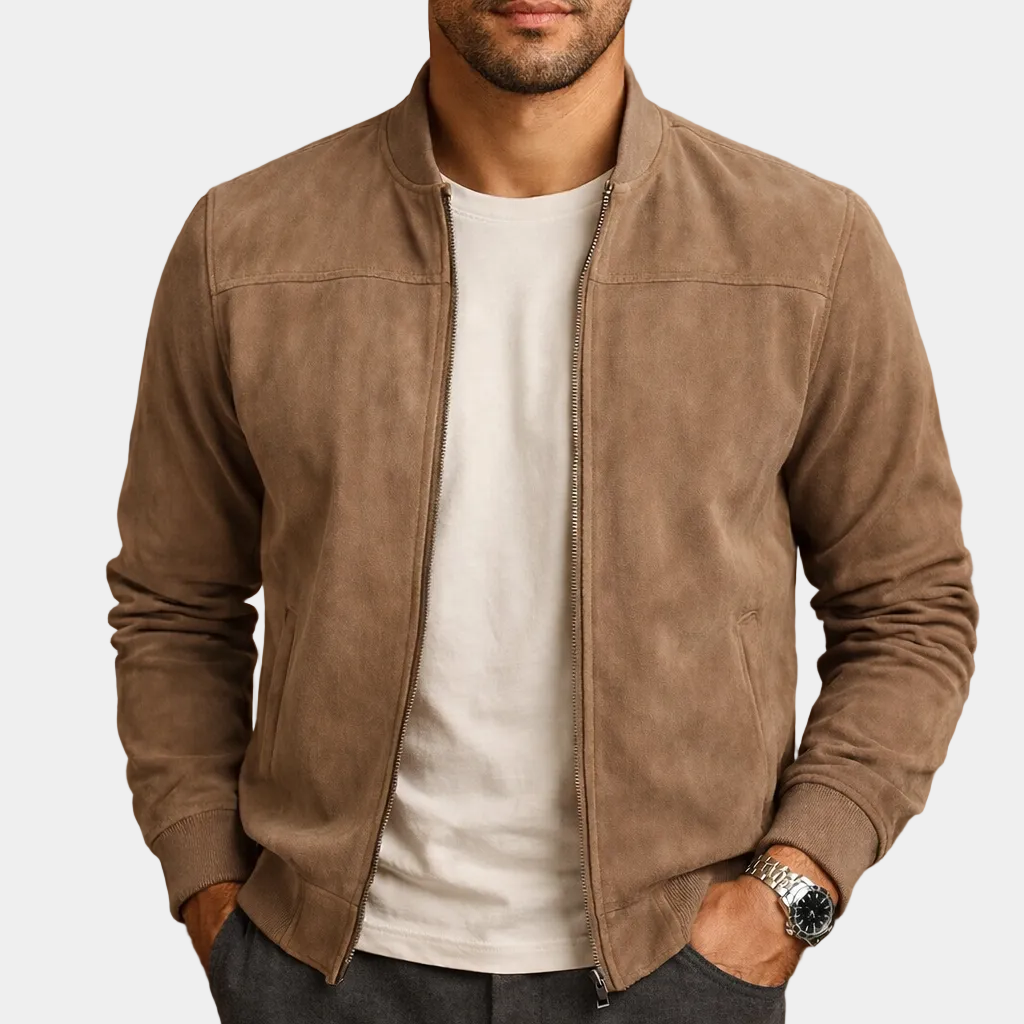 Men's Casual Suede Bomber Jacket | Zip Front & Ribbed Trim