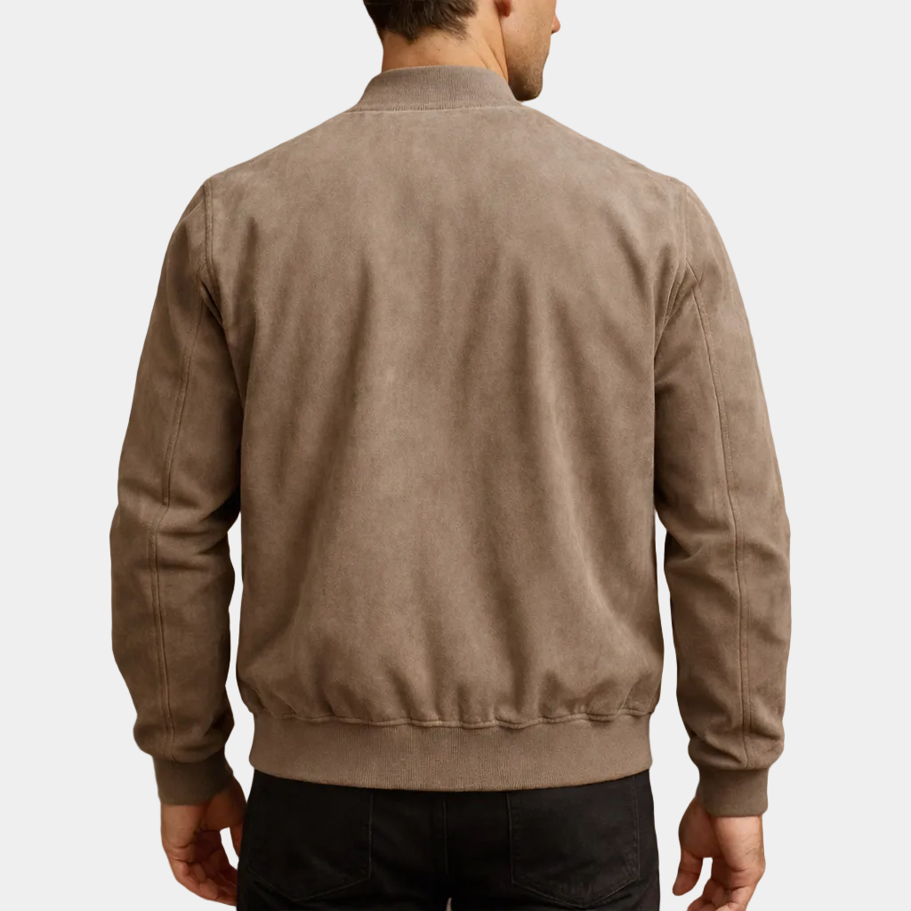 Men's Casual Suede Bomber Jacket | Zip Front & Ribbed Trim