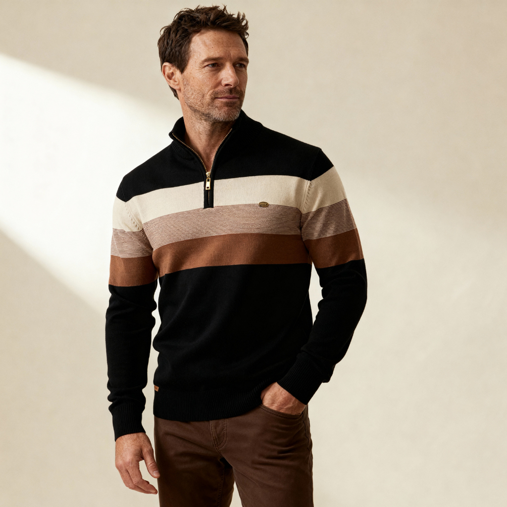 Men's Knit Quarter Zip Sweater | Mock Neck & Stripes