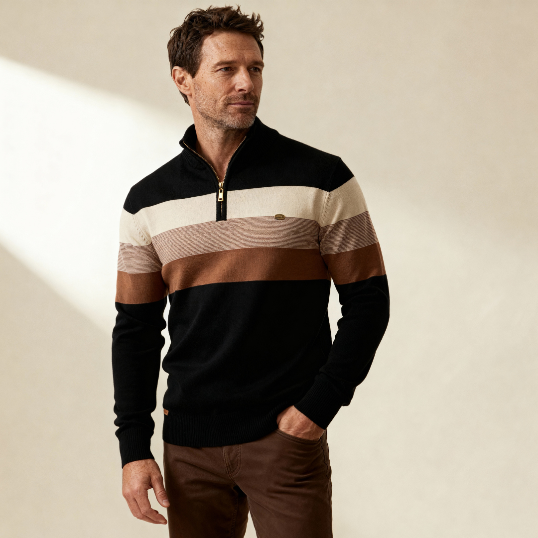 Men's Knit Quarter Zip Sweater | Mock Neck & Stripes