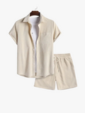 Men's Casual Corduroy Two-Piece Set | Button Shirt & Drawstring Shorts
