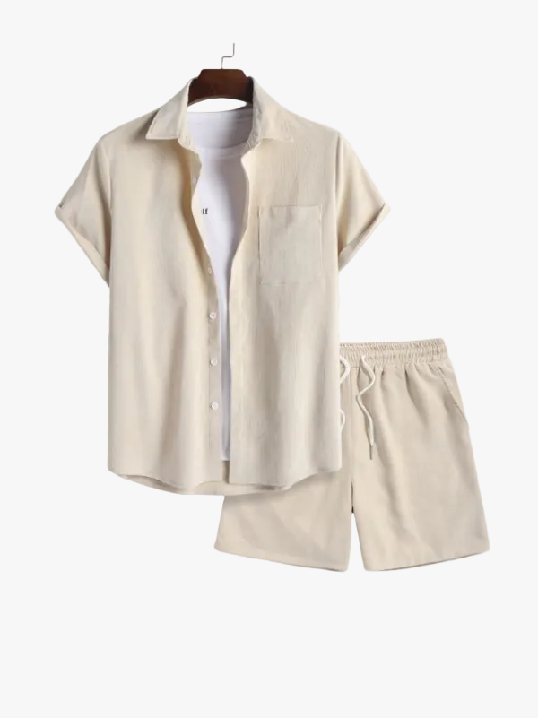Men's Casual Corduroy Two-Piece Set | Button Shirt & Drawstring Shorts