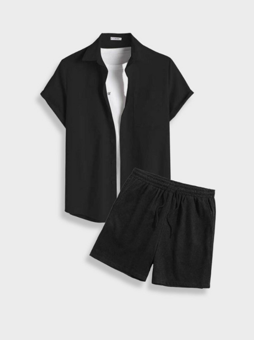 Men's Casual Corduroy Two-Piece Set | Button Shirt & Drawstring Shorts