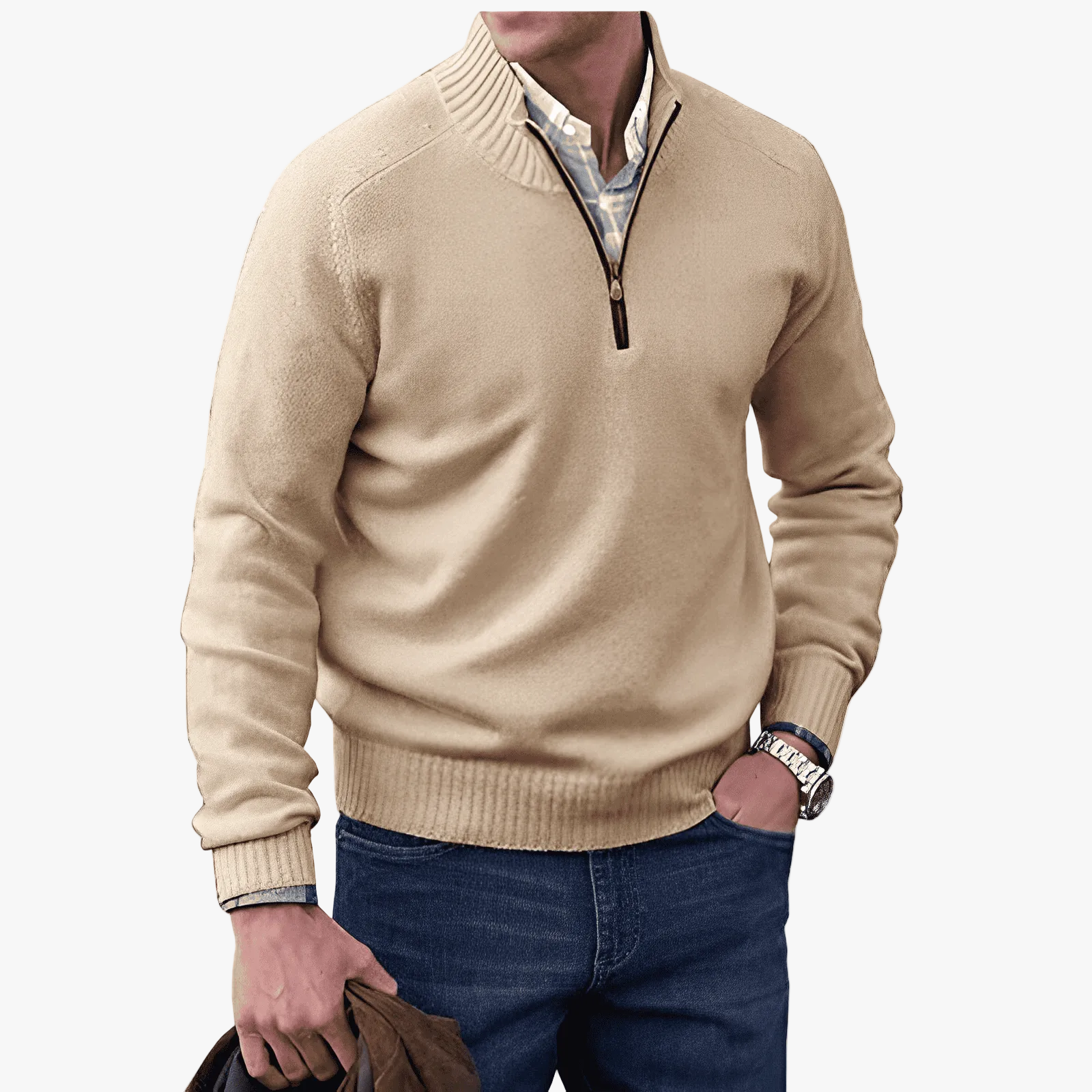 Men's Casual Knit Sweater | Half-Zip Collar & Ribbed Trim