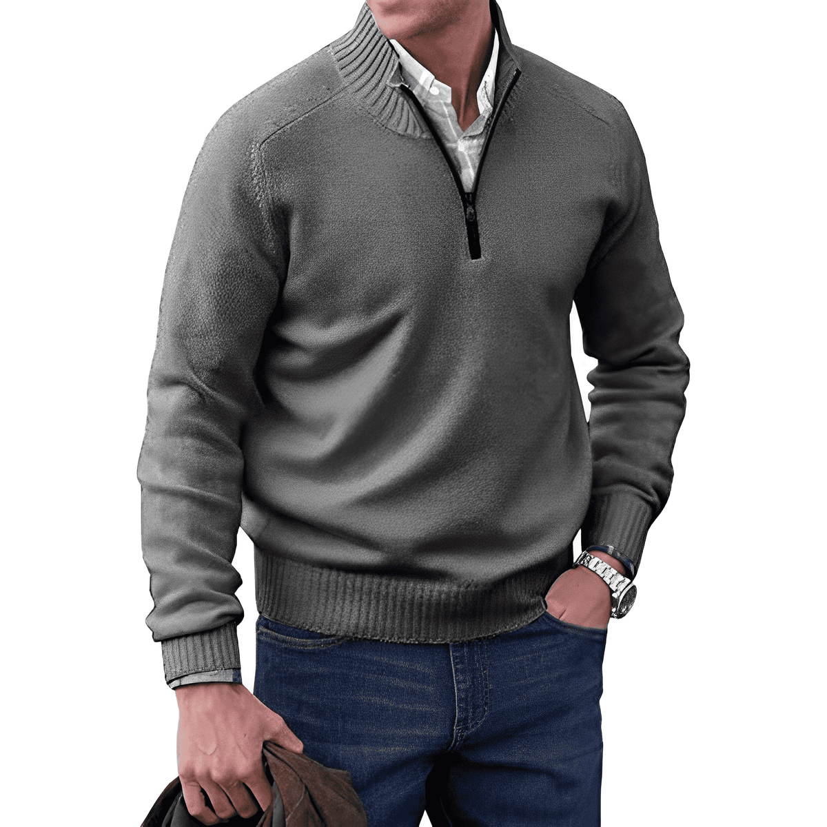 Men's Casual Knit Sweater | Half-Zip Collar & Ribbed Trim