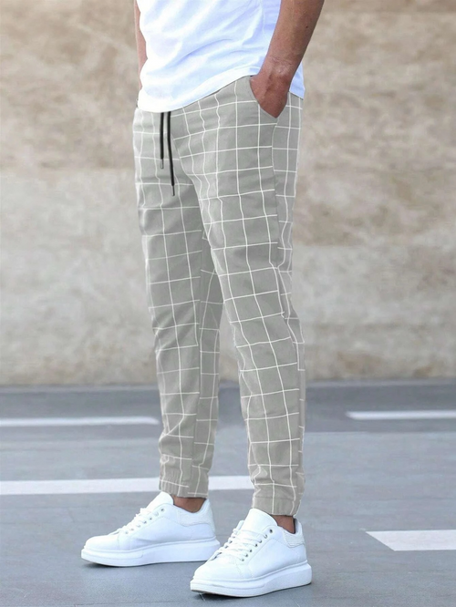 Men's Casual Pants | Drawstring Waist & Grid Pattern
