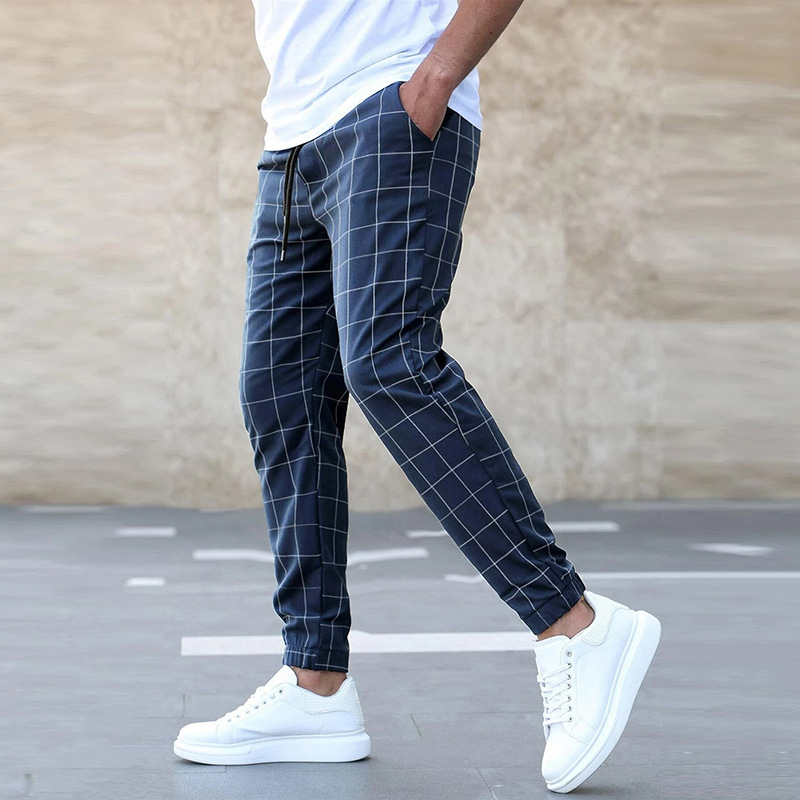 Men's Casual Pants | Drawstring Waist & Grid Pattern