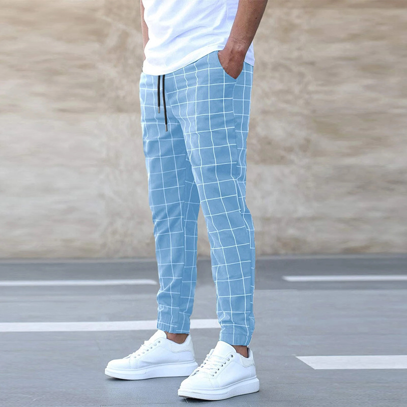 Men's Casual Pants | Drawstring Waist & Grid Pattern