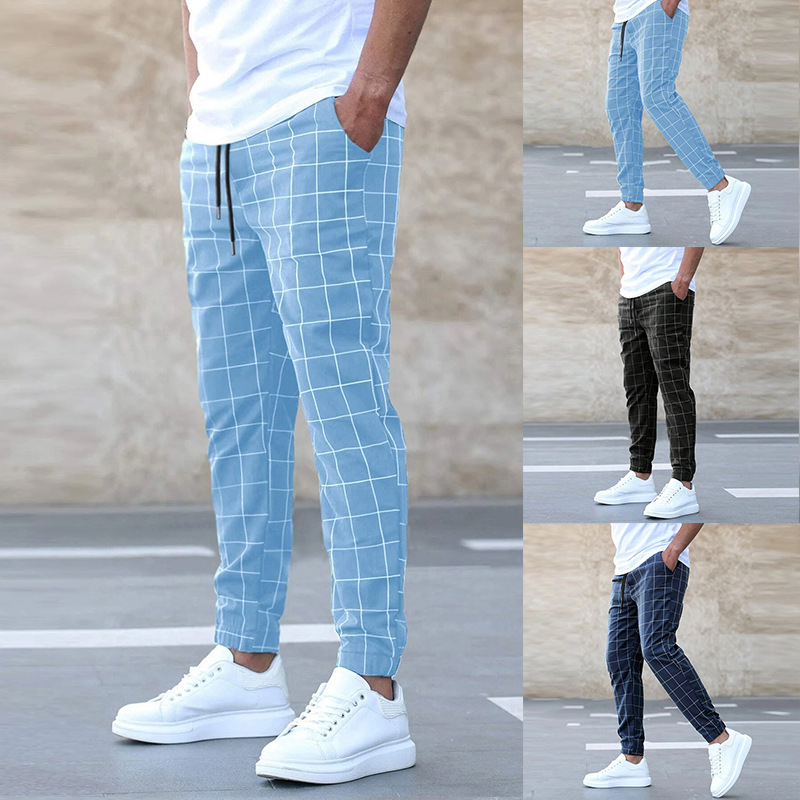 Men's Casual Pants | Drawstring Waist & Grid Pattern