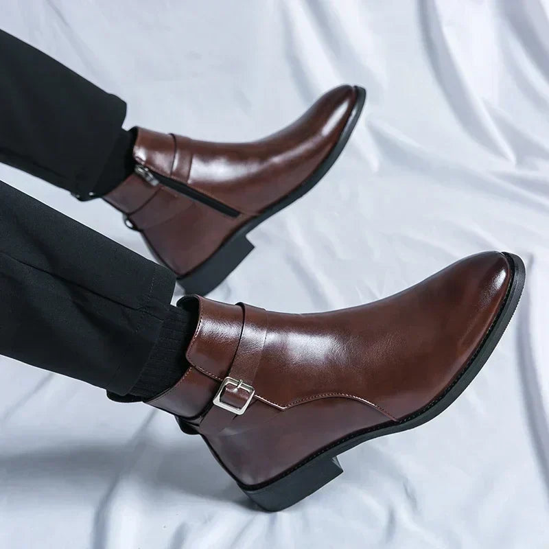 Men's Dress Synthetic Ankle Boots | Side Zipper & Buckle Strap
