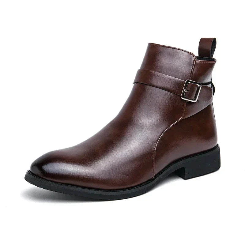 Men's Dress Synthetic Ankle Boots | Side Zipper & Buckle Strap