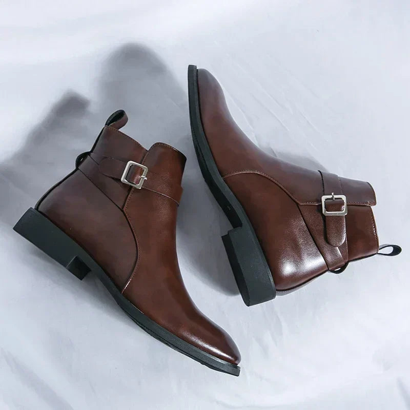 Men's Dress Synthetic Ankle Boots | Side Zipper & Buckle Strap