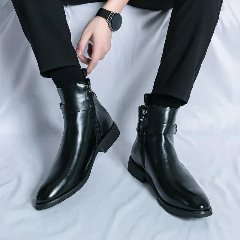 Men's Dress Synthetic Ankle Boots | Side Zipper & Buckle Strap