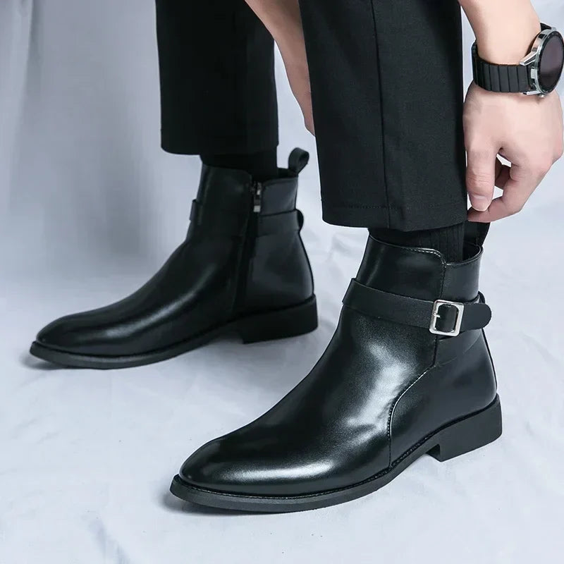 Men's Dress Synthetic Ankle Boots | Side Zipper & Buckle Strap