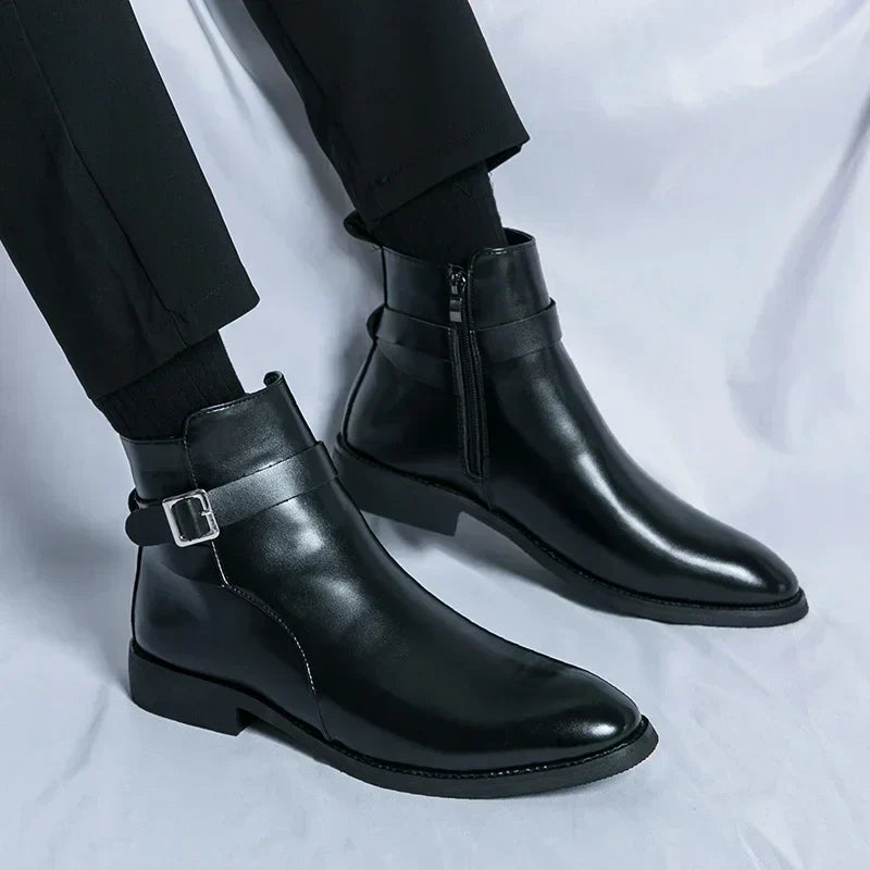 Men's Dress Synthetic Ankle Boots | Side Zipper & Buckle Strap