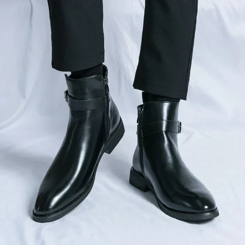 Men's Dress Synthetic Ankle Boots | Side Zipper & Buckle Strap