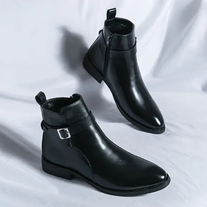 Men's Dress Synthetic Ankle Boots | Side Zipper & Buckle Strap