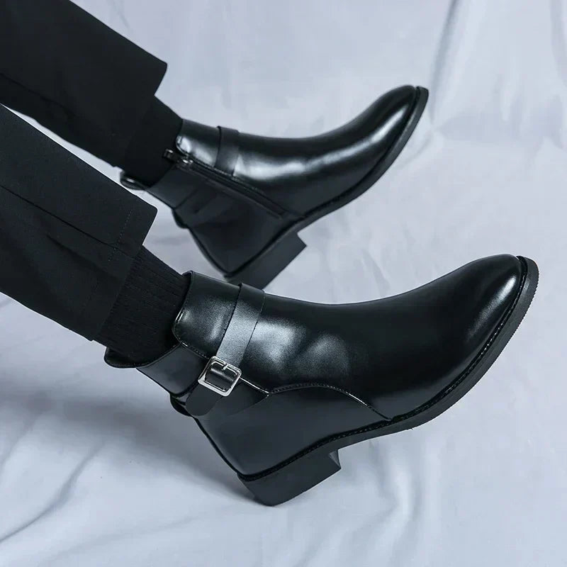 Men's Dress Synthetic Ankle Boots | Side Zipper & Buckle Strap
